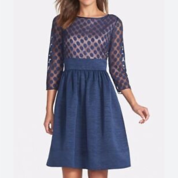 Eliza J Dot Mesh Navy Fit and Flare Dress Size 16 - Picture 2 of 11